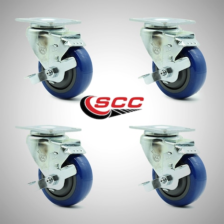 Service Caster 3.5 Inch SS Blue Polyurethane Swivel Top Plate Caster Set with Brake SCC SCC-SS20S3514-PPUB-BLUE-TLB-4